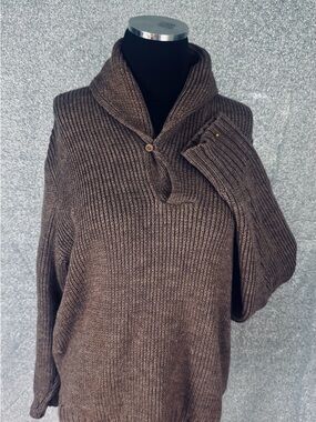 Vintage Men's V-Neck Brown Ribbed Shawl-Collar Sweater